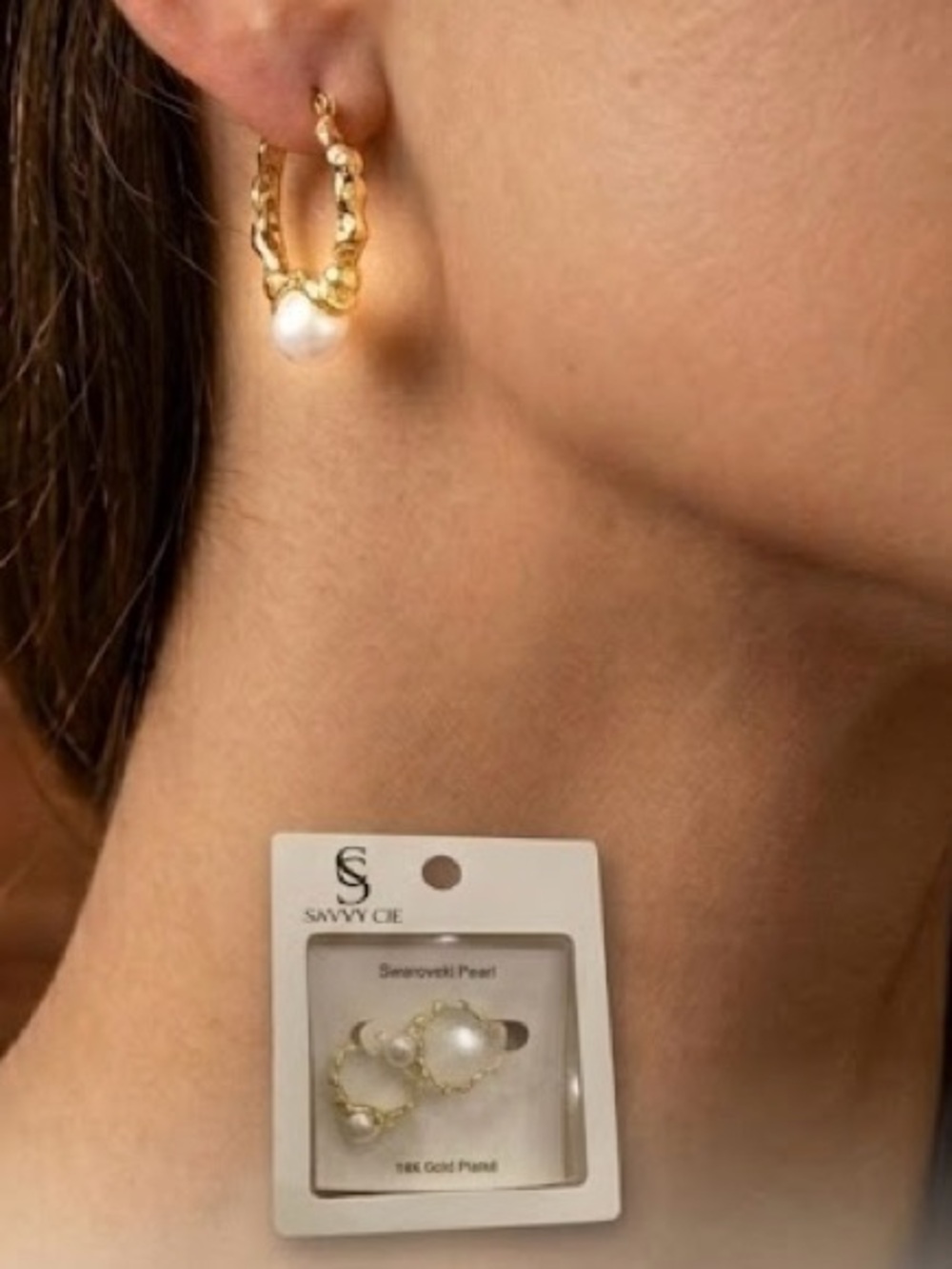 Savvy Cie Swarovski Pearl 18K Gold Plated Hoop Earrings- NIB $80 MSRP